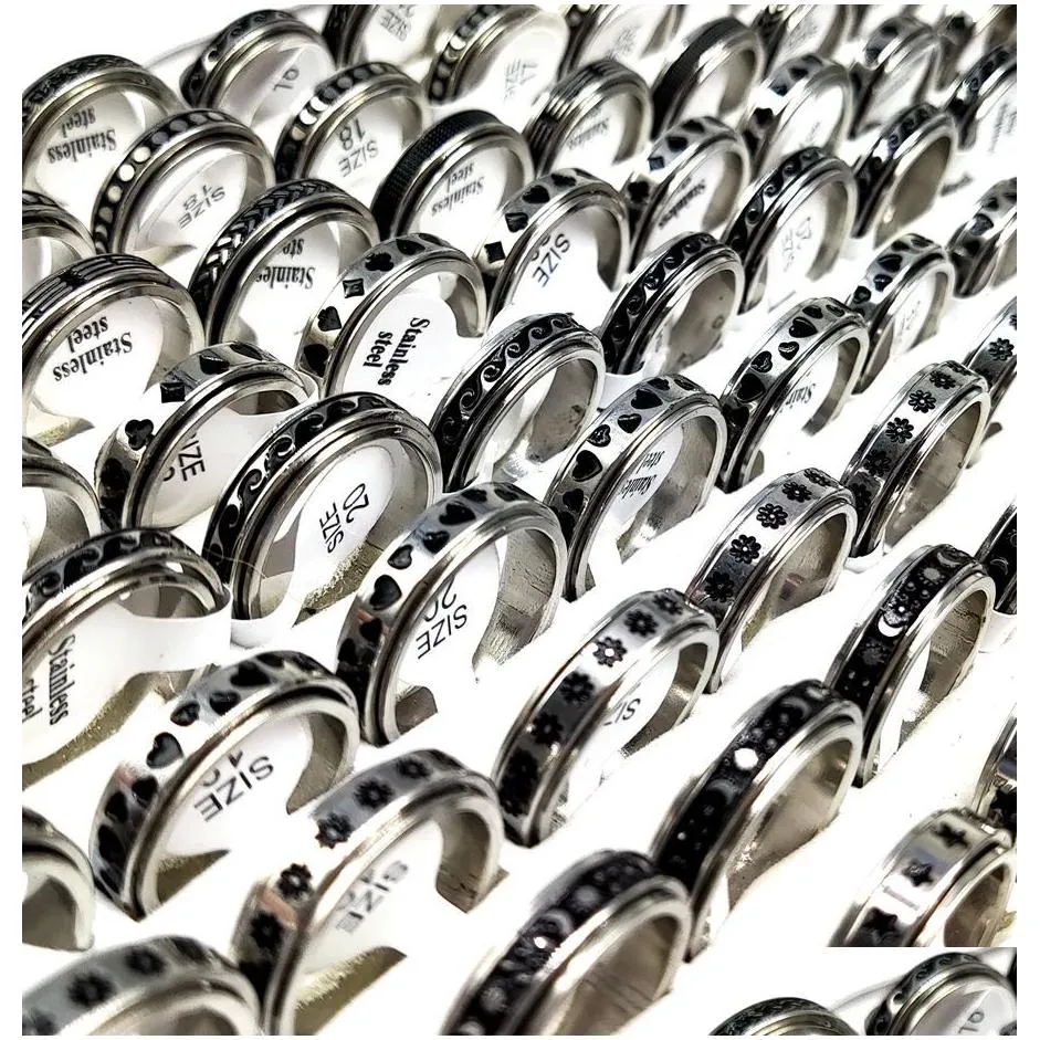 50pcs multi-styles mix rotating stainless steel spin rings men women spinner ring wholesale rotate band finger rings party jewelry