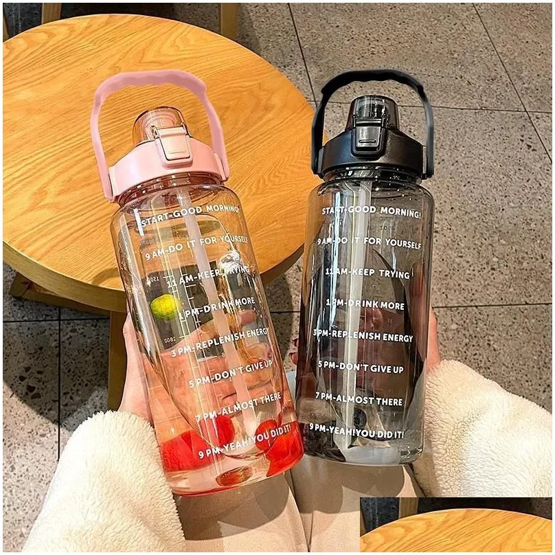 Water Bottles 2 Liter Bottle With St Kawaii Cute Drinking Sports Time Marker For Girls Jug Drinkware Outdoor Cup Drop Delivery Home Dh7I4