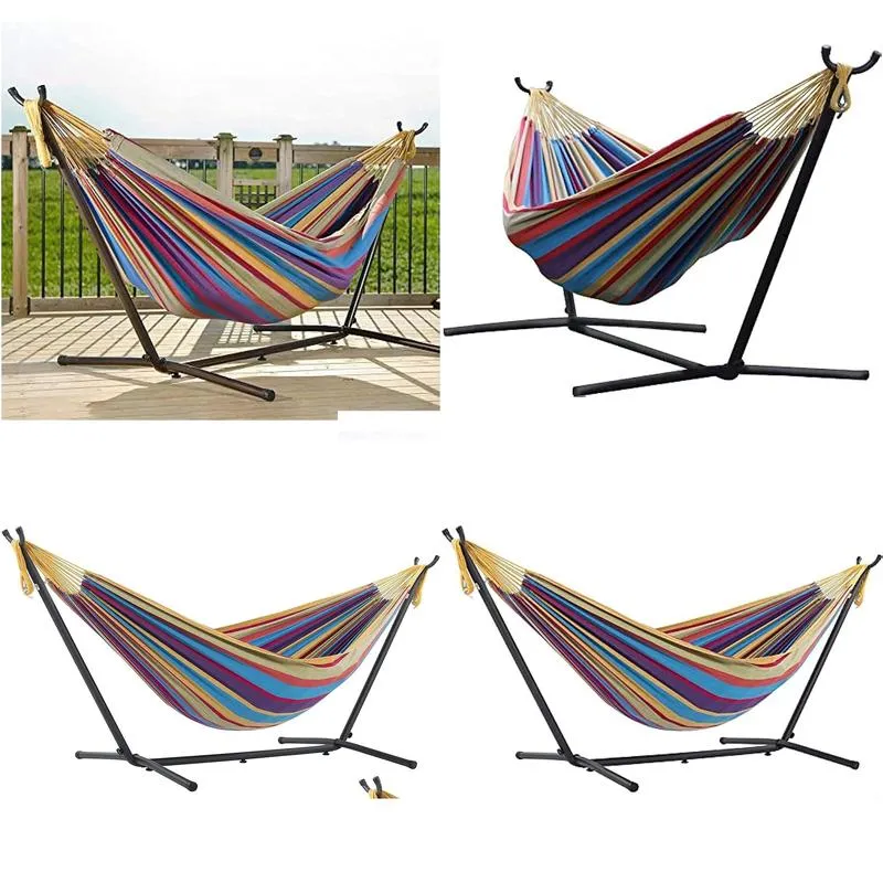 Camp Furniture Vivere Double Cotton Hammock With Space Saving Steel Stand Tropical 450 Lb Capacity Premium Carry Bag Included Camp Dro Dhkku