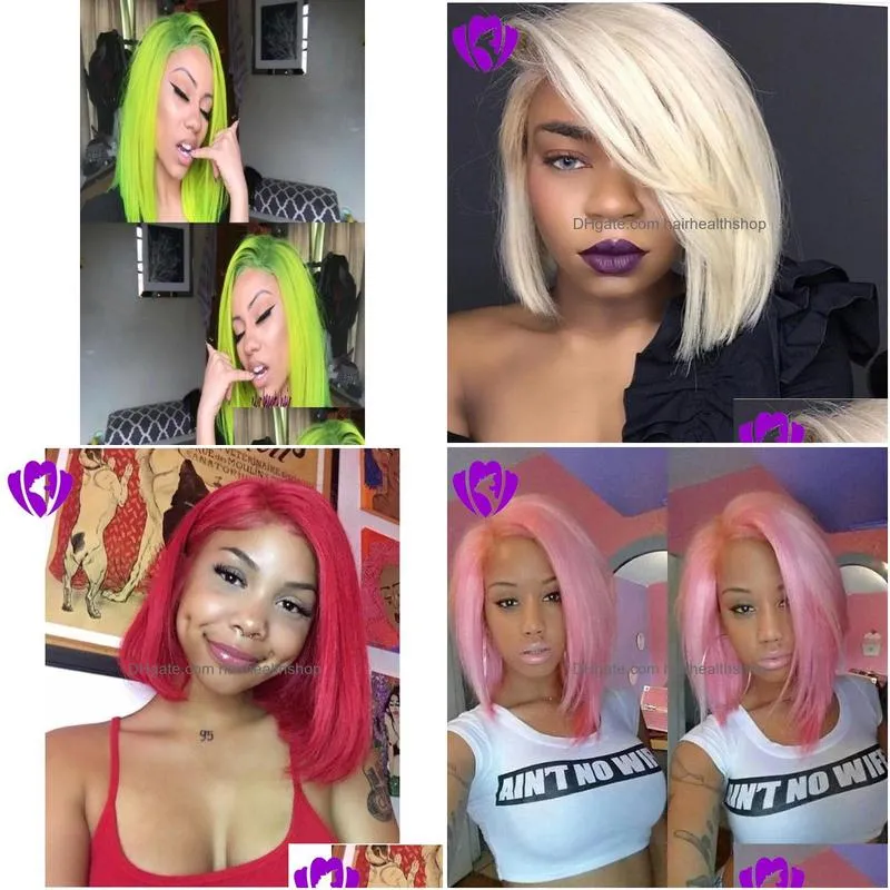 Synthetic Wigs 9A High Quality Side Part Brazilian Fl Short Lace Front Wigs Fluorescent Green Synthetic Bob Wig For Women Blondebluep Dhstc