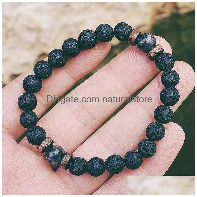 Beaded 8Mm Black Lava Rock Beaded Bracelets Mens Wood Beads Charms Natural Stone Bangle For Women Fashion Craft Jewelry Drop Delivery Dhqar