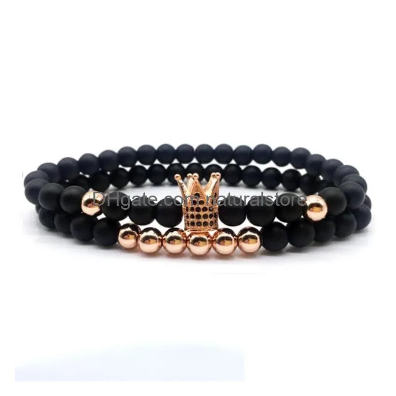 Beaded 6Mm Crown King Charm Strands Beads Bracelet Set For Men Women Black Natural Stone Elastic Adjustable Bangle Couple Jewelry Gif Dhatz