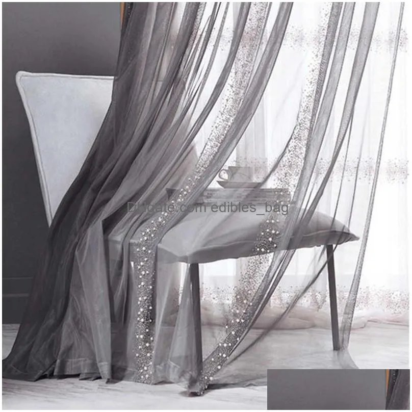 side beading embroidered tulle curtain for living room light luxury pearls grey sheer volie for balcony zh452vt 2107125692153