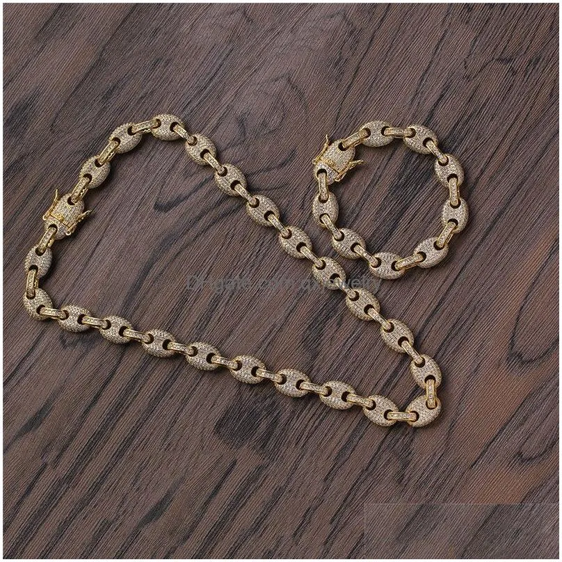 Chains 12Mm 16-20Inch Gold Plated Bling Cz Stone Coffee Bean Chain Necklace Bracelet Rapper Street Jewelry For Men Gift Drop Delivery Dhy9Z