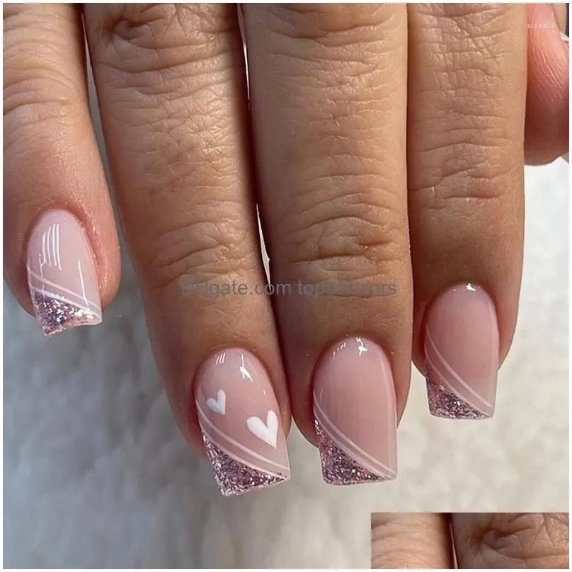 False Nails 2023 Short Square French Fake Nail Press On Gradient Glitter Designs Fl Er Artificial Simple Ins Art Drop Delivery Dhehw