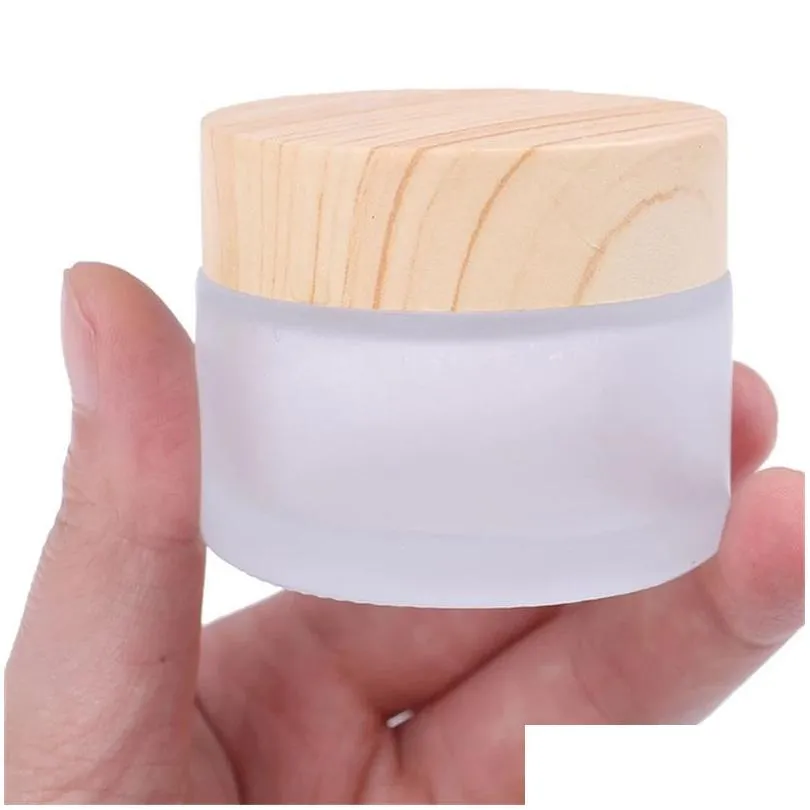 Wholesale 5G 10G 15G 30G 50G Frosted Glass Cream Bottle Refillable Jar Cosmetic Container With Imitated Wood Grain Lids Packaging Dro Dh4W8