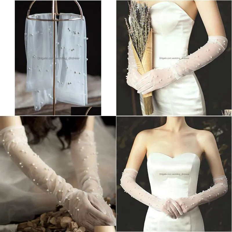 vintage transparent wedding gloves pearls long elbow gants women party bridal gloves accesorios de novia
