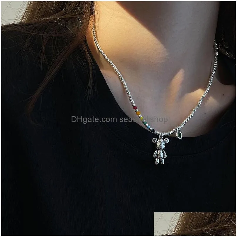 Wedding Jewelry Sets Foxanry Stamp Necklace Bracelet Trend Simple String Of Beads Design Bear Zircon Pendant Party 230608 Drop Delive Dhdu3