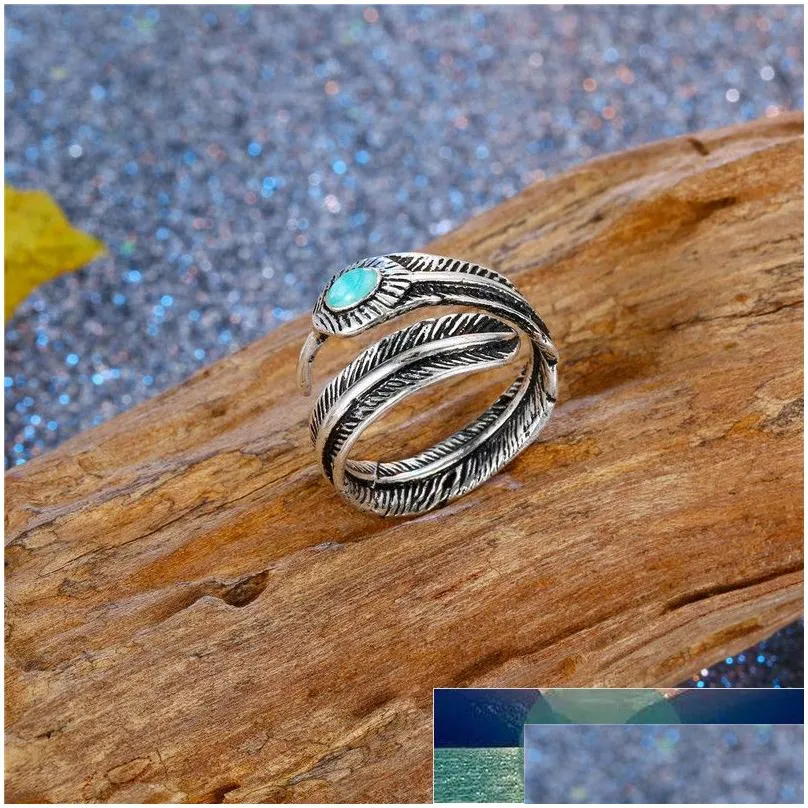 1 pcs bohemia africa feather with blue stone open adjustable ring ancient metal color punk ring for women men jewelry r145 factory price expert design quality