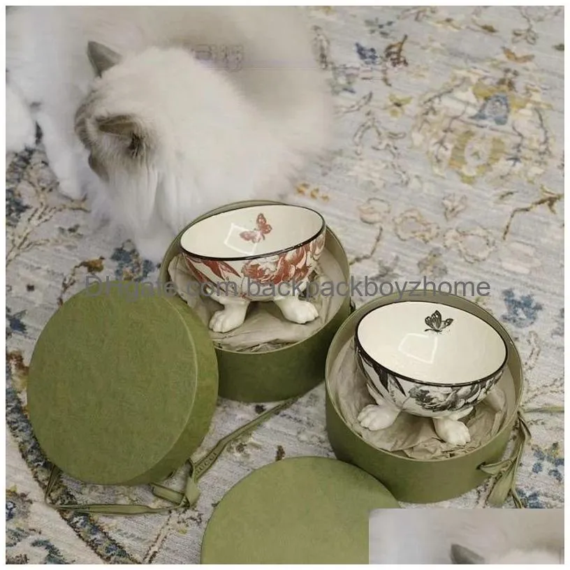 Cat Bowls & Feeders Designer Cat Bowls Raised Dog Food And Water Bowl Set Porcelain Pet Dish With Stand Backflow Prevention Dishwasher Dhzwu