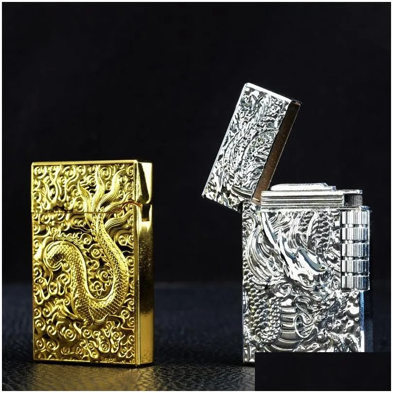 Dragon Gas Butane Refillable Lighter Grinding  Flint Metal Emboss Bright Sound Cigarette Cigar Inflated Drop Delivery Dhuua