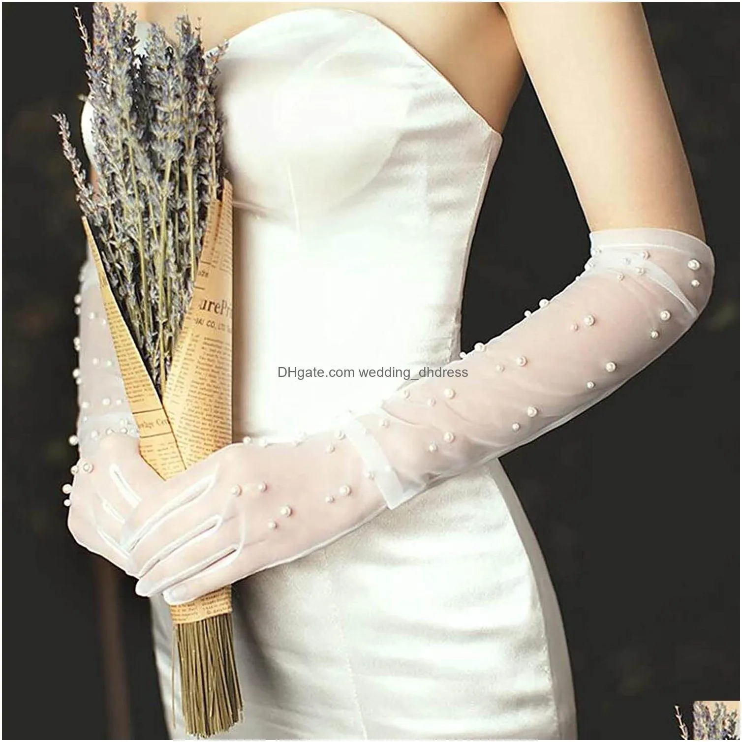 vintage transparent wedding gloves pearls long elbow gants women party bridal gloves accesorios de novia