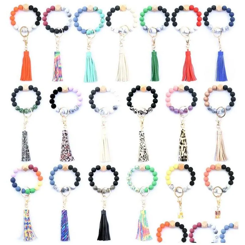 36 colors food grade acrylic beads tassels bracelet keychain wooden bead bracelets key ring pu tassel anti-lose keyring