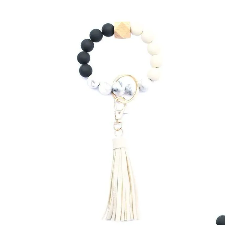 36 colors food grade acrylic beads tassels bracelet keychain wooden bead bracelets key ring pu tassel anti-lose keyring