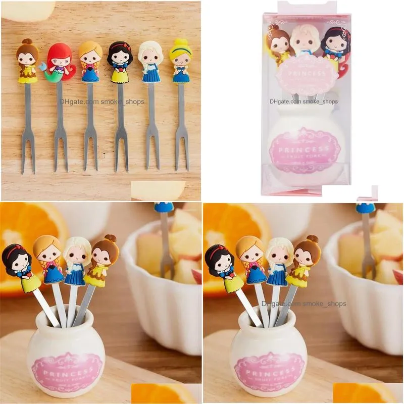 forks 6pcs/set cute cartoon princess stainless steel dessert fruit set food picks for kids spoon and fork bento