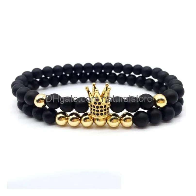 Beaded 6Mm Crown King Charm Strands Beads Bracelet Set For Men Women Black Natural Stone Elastic Adjustable Bangle Couple Jewelry Gif Dhatz