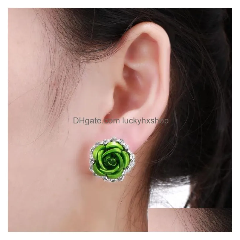 Stud Luxury Rose Flower Stud Earrings For Women Crystal Clip On Fashion Girls Jewelry Gift In Bk Drop Delivery Jewelry Earrings Dh1Sz