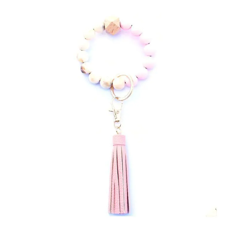 36 colors food grade acrylic beads tassels bracelet keychain wooden bead bracelets key ring pu tassel anti-lose keyring