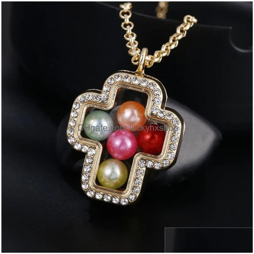 Lockets New Gold Pearl Cage Pendant Necklaces For Women Open Living Memory Beads Glass Magnetic Lockets Chains Fashion Jewelry Gift Dr Dh1L8