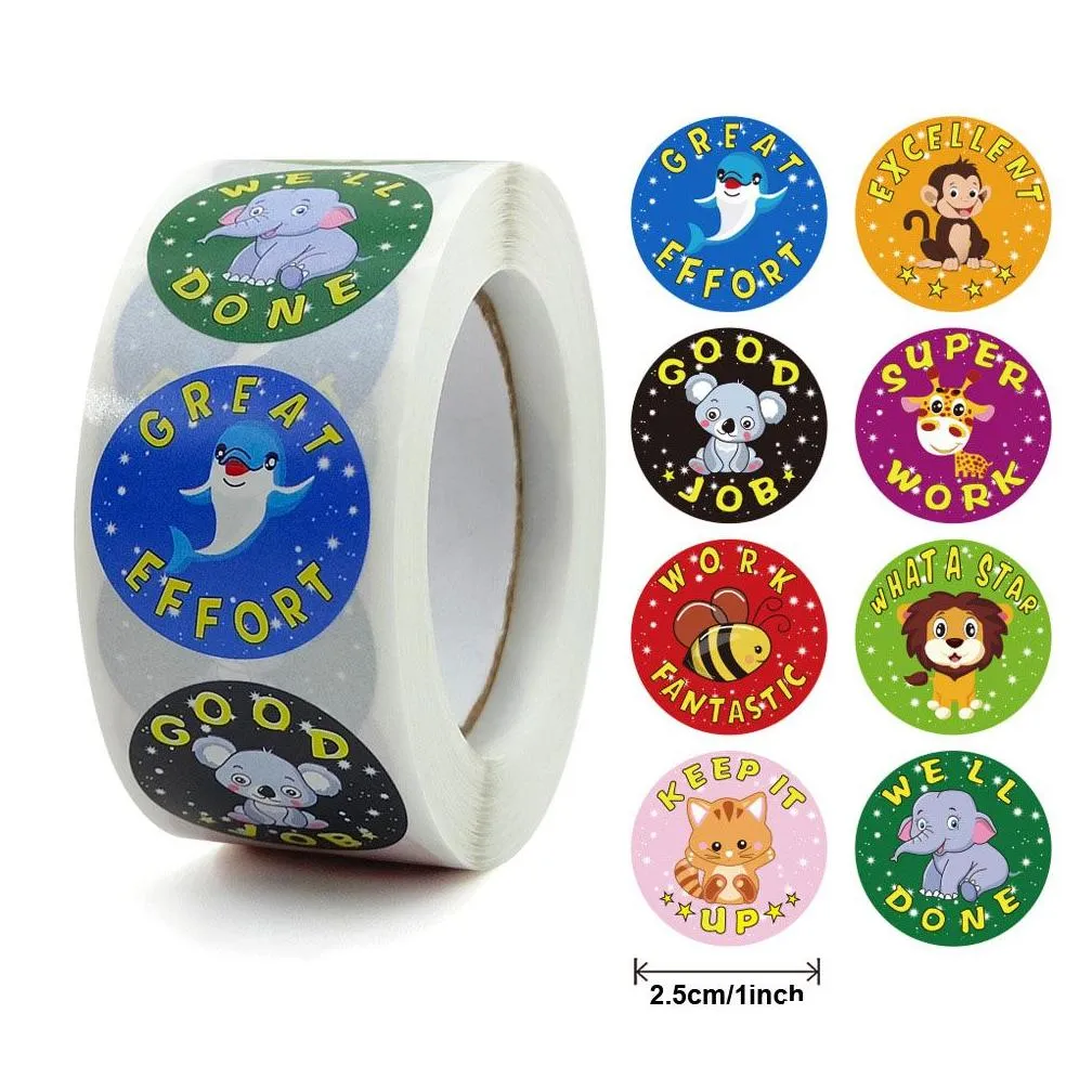 Adhesive Stickers Wholesale 500Pcs/Roll Round Animal Stickers Adorable Incentive Cute Labels Gifts Kids Teacher Reward Motivational De Dhshl