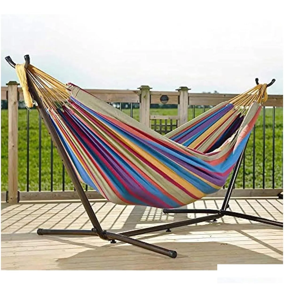 Camp Furniture Vivere Double Cotton Hammock With Space Saving Steel Stand Tropical 450 Lb Capacity Premium Carry Bag Included Camp Dro Dhkku