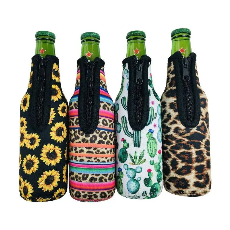 330ml 12oz drinkware handle neoprene beer bottle coolers sleeve with zipper bottles koozies softball sunflower leopard pattern