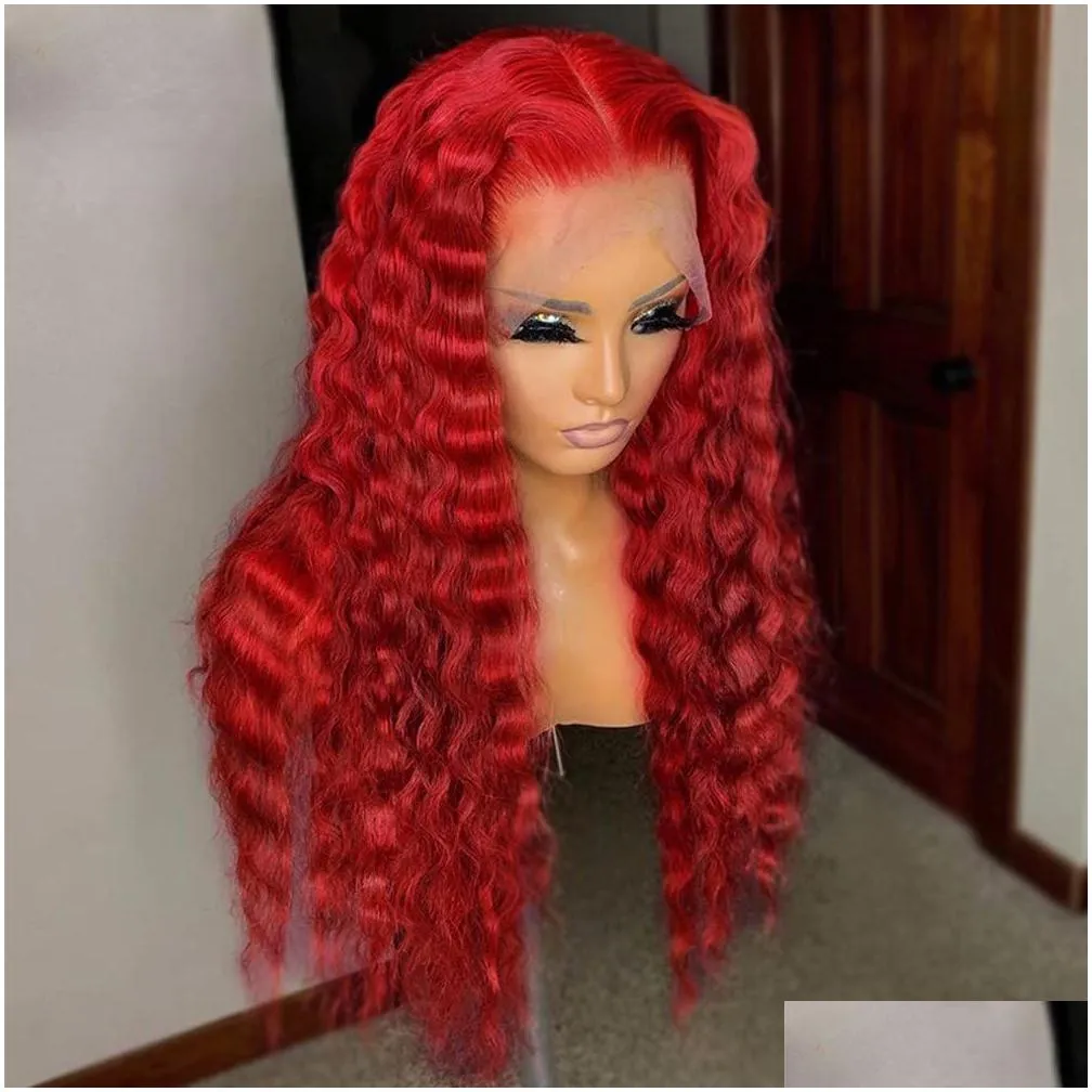  red lace frontal wig curly human hair wigs deep wave 13x4 transparent lace front wig synthetic for black women pre plucked