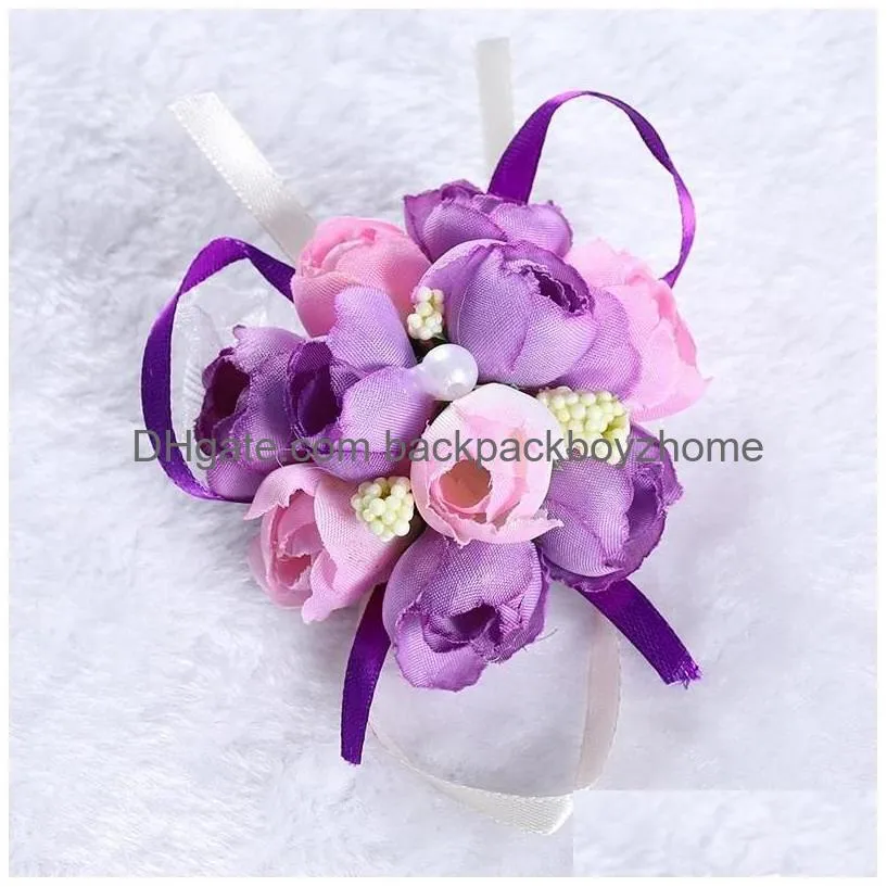 Decorative Flowers & Wreaths New Wedding Wrist Flower 50Pcs/Set Bridesmaid Sisters Cor Decorative Bridal Prom Hand Simation Flowers Br Dhpcv