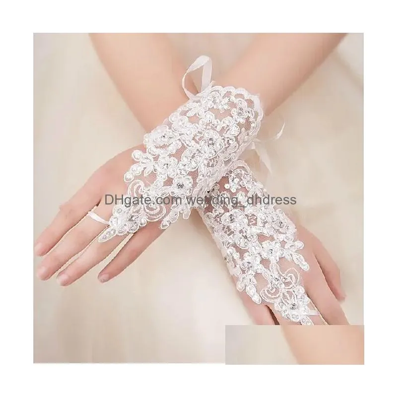  lace appliques beads fingerless wrist length with ribbon bridal gloves wedding accessories