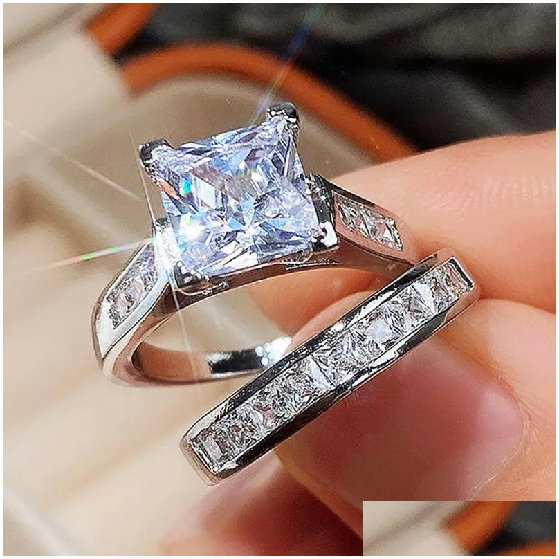 Band Rings Wedding Ring Set For Women Dazzling Square Zirconia Luxury Drop Delivery Jewelry Ring Dh73Y