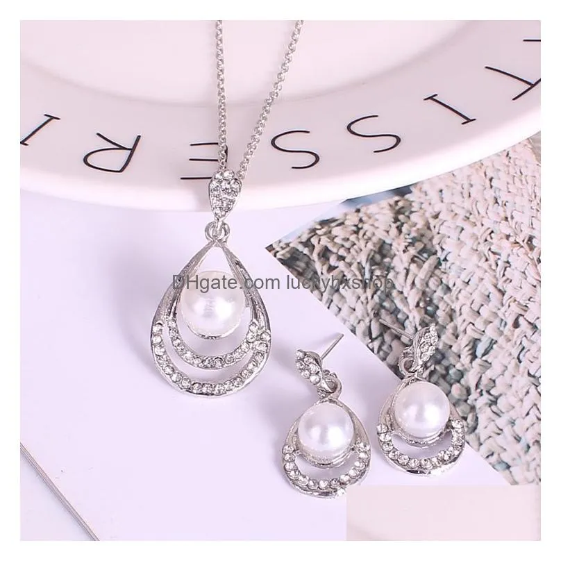 Earrings & Necklace Fashion Pearl Jewelry Set Women Wedding Crystal Drip Shape Pendant Sier Necklaces Dangle Earrings For Ladies Brid Dhed6