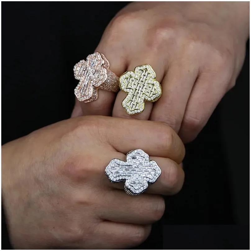  arrive cross finger ring iced out cubic zircon prong setting cz fashion luxulry men boy hip hop jewelry