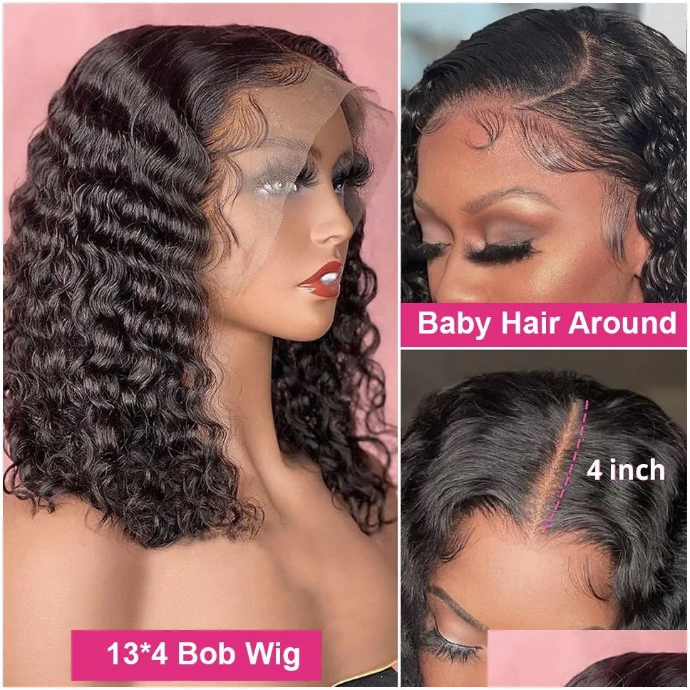 human hair wigs for women brazilian deep wave frontal wig 180 density transparent t part lace wig jerry curl bob preplucked remy