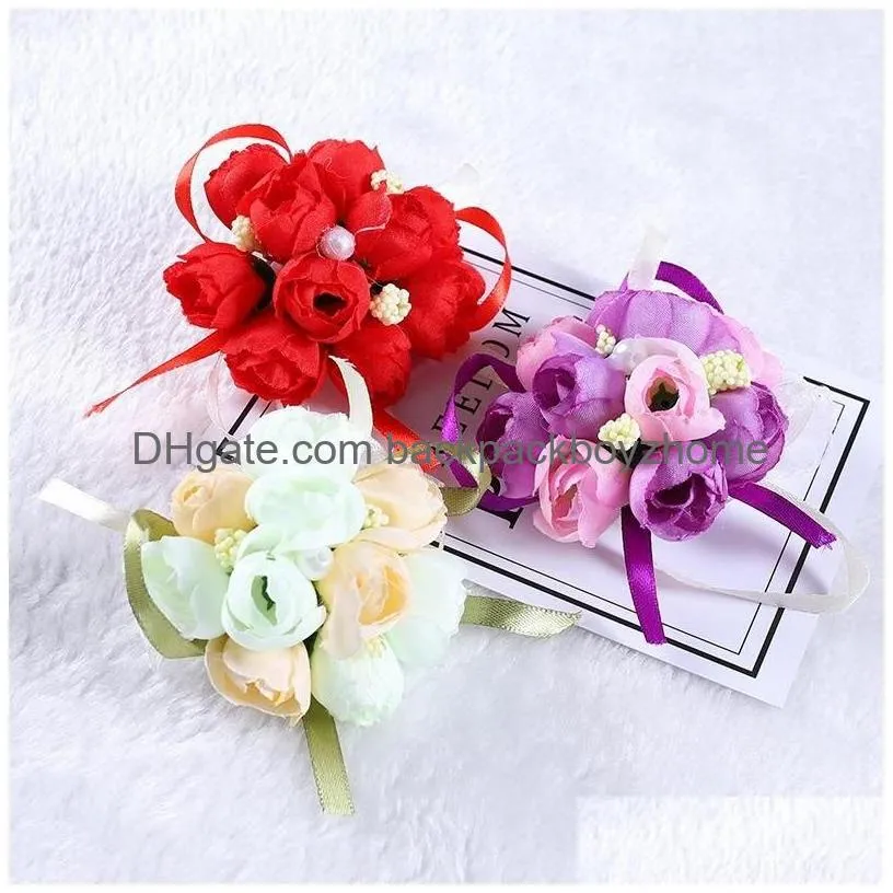 Decorative Flowers & Wreaths New Wedding Wrist Flower 50Pcs/Set Bridesmaid Sisters Cor Decorative Bridal Prom Hand Simation Flowers Br Dhpcv