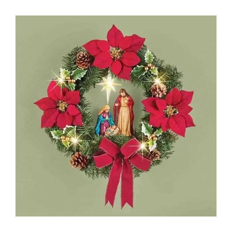 Decorative Flowers & Wreaths Decorative Flowers Wreaths Sacred Christmas Wreath With Lights Hanging Ornaments Front Door Wall Decorati Dh3Nz