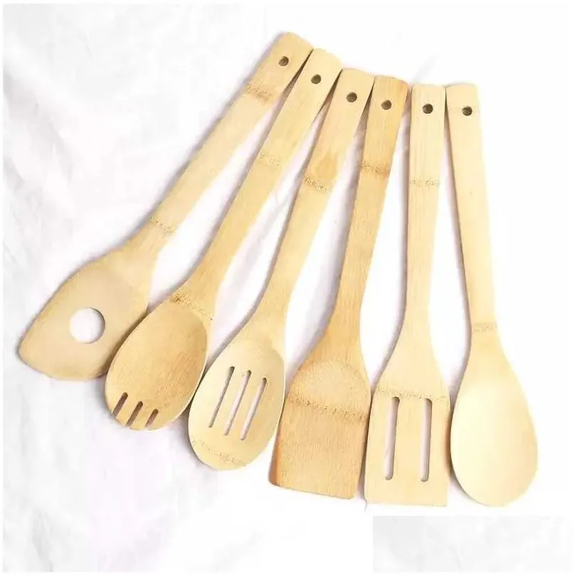 Cooking Utensils Bamboo Spoon Spata 6 Styles Portable Wooden Utensil Kitchen Cooking Turners Slotted Mixing Holder Shovels Fy7604 Drop Dhr2D