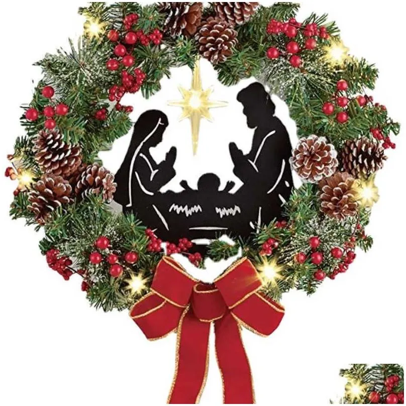 Decorative Flowers & Wreaths Decorative Flowers Wreaths Sacred Christmas Wreath With Lights Hanging Ornaments Front Door Wall Decorati Dh3Nz