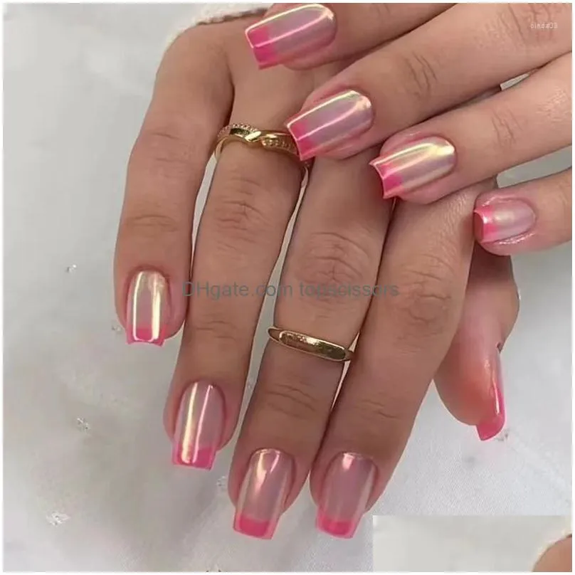 False Nails 24Pcs Aurora Sier Designs With Glue Ballet Fl Er French Long Press On Flashing Acrylic Drop Delivery Dh4Cn