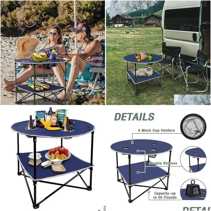 Camp Furniture Portable Picnic Table With Shelf Beach Outdoor Folding Cam Tables That Fold Up Lightweight Cup Holders Storage Bag Drop Dhs8E