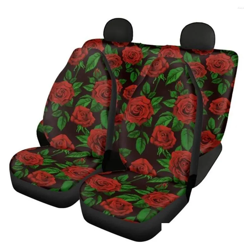 Car Seat Covers Car Seat Ers Red Rose Flower Printing Er Fl Set For Women Front And Back Non-Slip Heavy-Duty Protection Cushion Drop D Dhvon