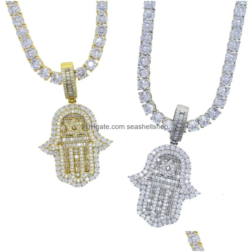 Wedding Jewelry Sets Iced Out 5A Cz Hamsa Handfl Cubic Zirconia Pendant Necklaces For Men Hiphop Bling 5Mm Tennis Chain Rapper Drop D Dhvqx