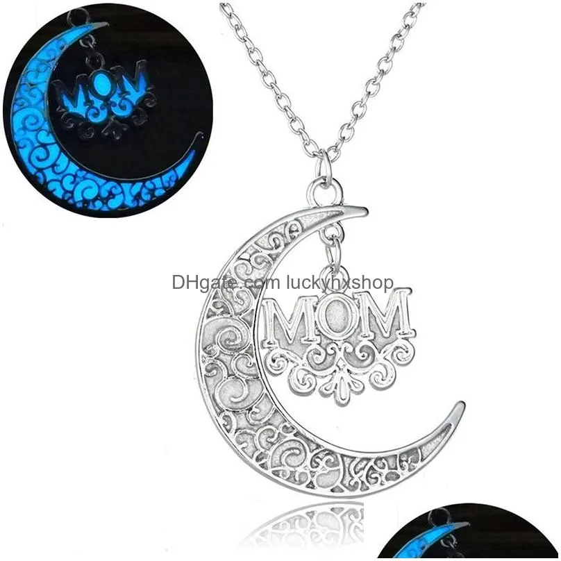 Pendant Necklaces Fashion Glowing In The Dark Moon Necklaces For Women Hollow Tree Of Life Heart Mom Letter Luminous Pendant Chains Ne Dh19D