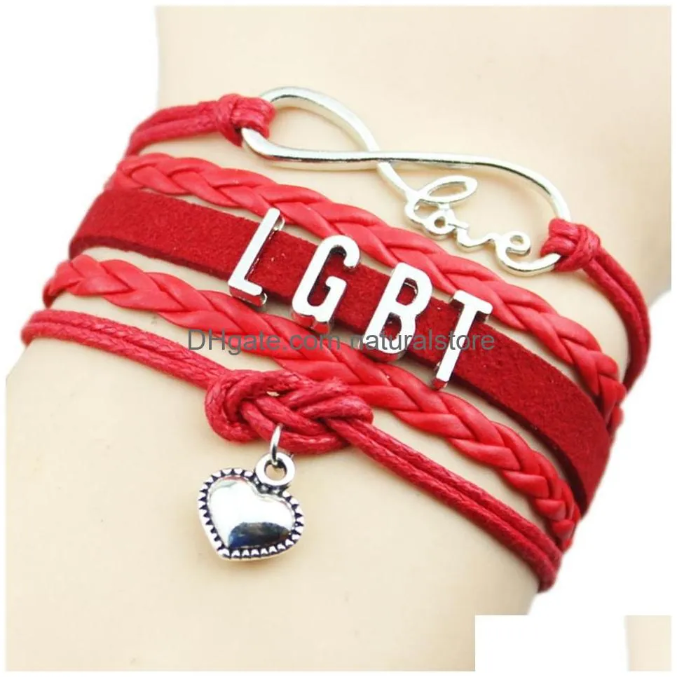 Charm Bracelets Fashion Lgbt Gay Lesbian Leather Wrap Bracelets Braided Rope Infinity Love Heart Charm Bangle For Women Men Friendshi Dh7L4