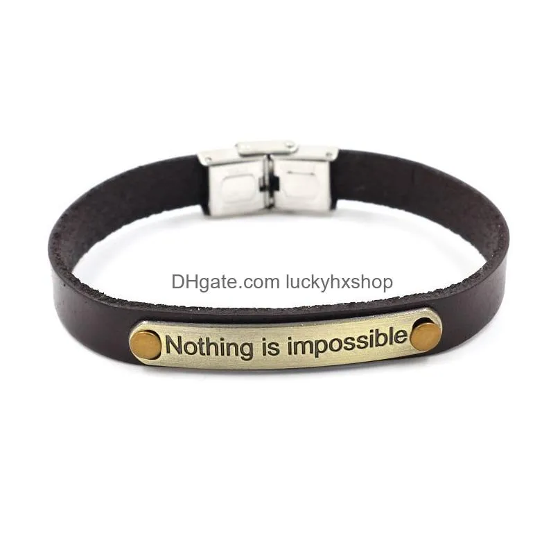 Charm Bracelets Nothing Is Impossible Inspirational Bracelets For Women Men Uni Letter Charm Leather Wristband Bangle Fashion Jewelry Dhonl