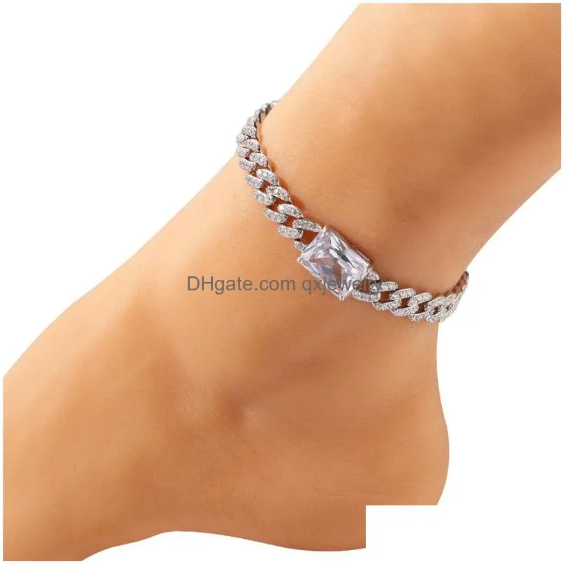 Chain Europe And America New Women Bracelet Anklets Gold Plated Bling Square Cz Cuban Chain For Drop Delivery Jewelry Bracelets Dhapj