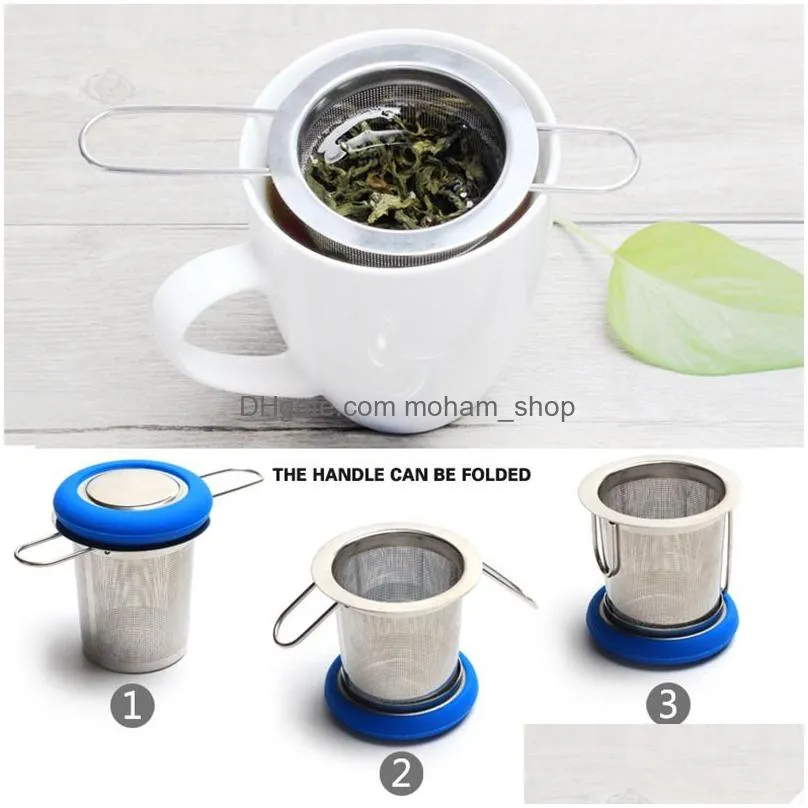 folding double handles tea infuser with lid stainless steel fine mesh coffee filter teapot cup hanging loose leaf tea strainer infusor de te con asas
