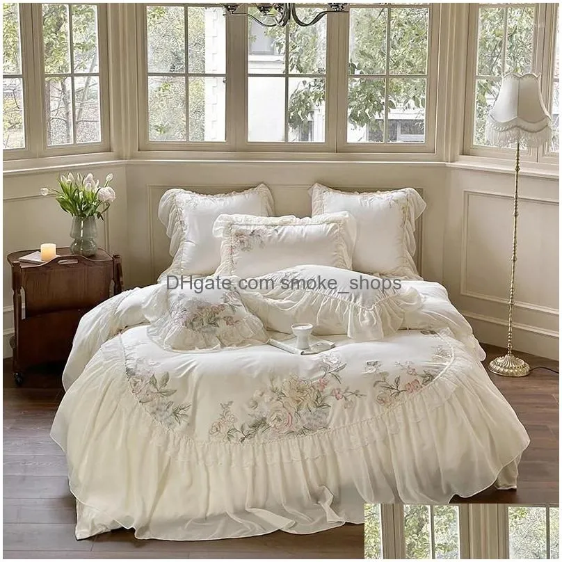 bedding sets princess chiffon lace luxury green egyptian cotton flowers embroidery duvet cover bed sheet pillowcases 2024