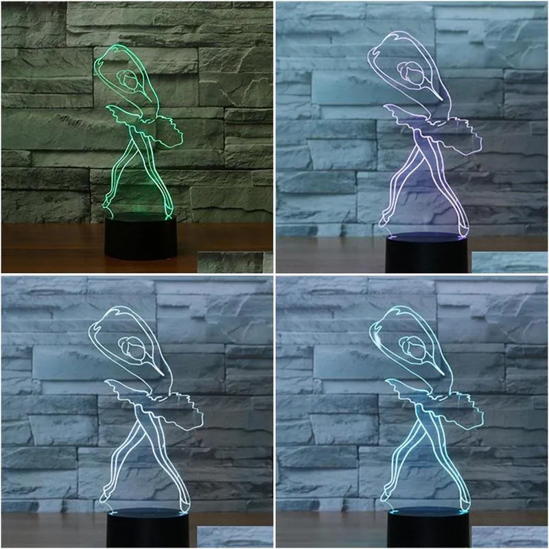 Table Lamps Abstractive 3D Optical Illusion Ballerina Ballet Girl Colorf Lighting Effect Touch Switch Usb Powered Led Decoration Drop Dh8H3