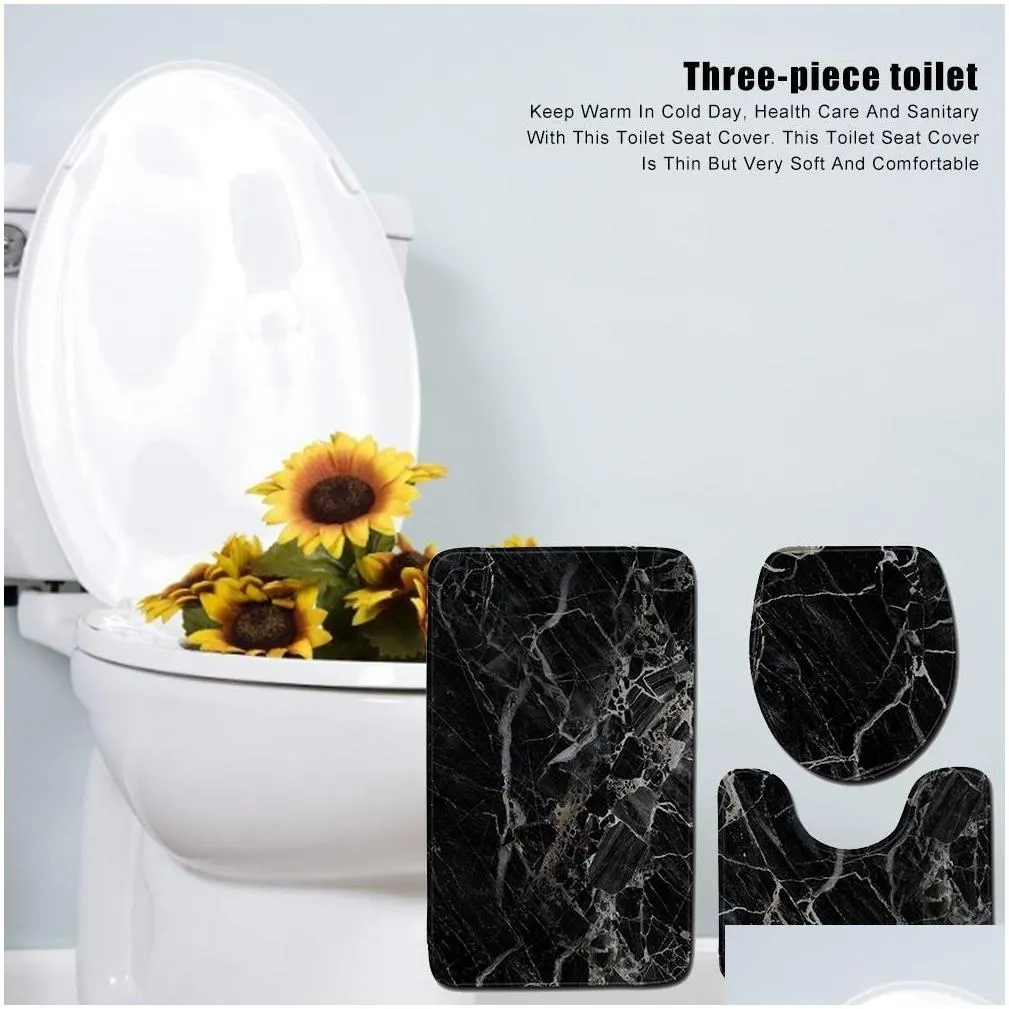 toilet 3-piece set black marble bathroom mat sets contour rug flannel non slip bath pedestal toilet seat lid cover bath mat sets