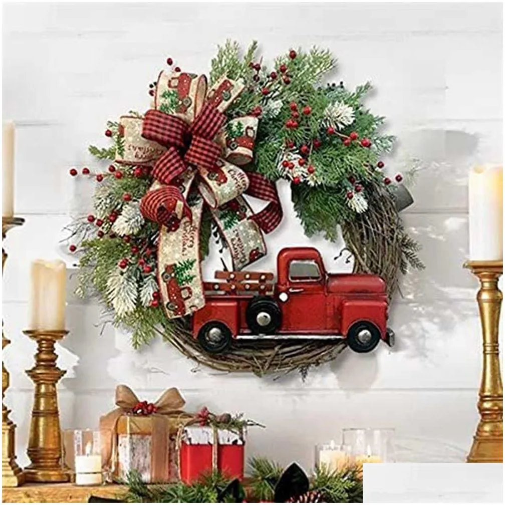 Decorative Flowers & Wreaths Christmas Wreath Artificial Plant Rattan Red Truck Rustic Fall Front Door Round Garland Simation Berries Dhoxx